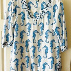 Beach Tunic Blue & White Seahorse by Ecoaccents All cotton Size Med.